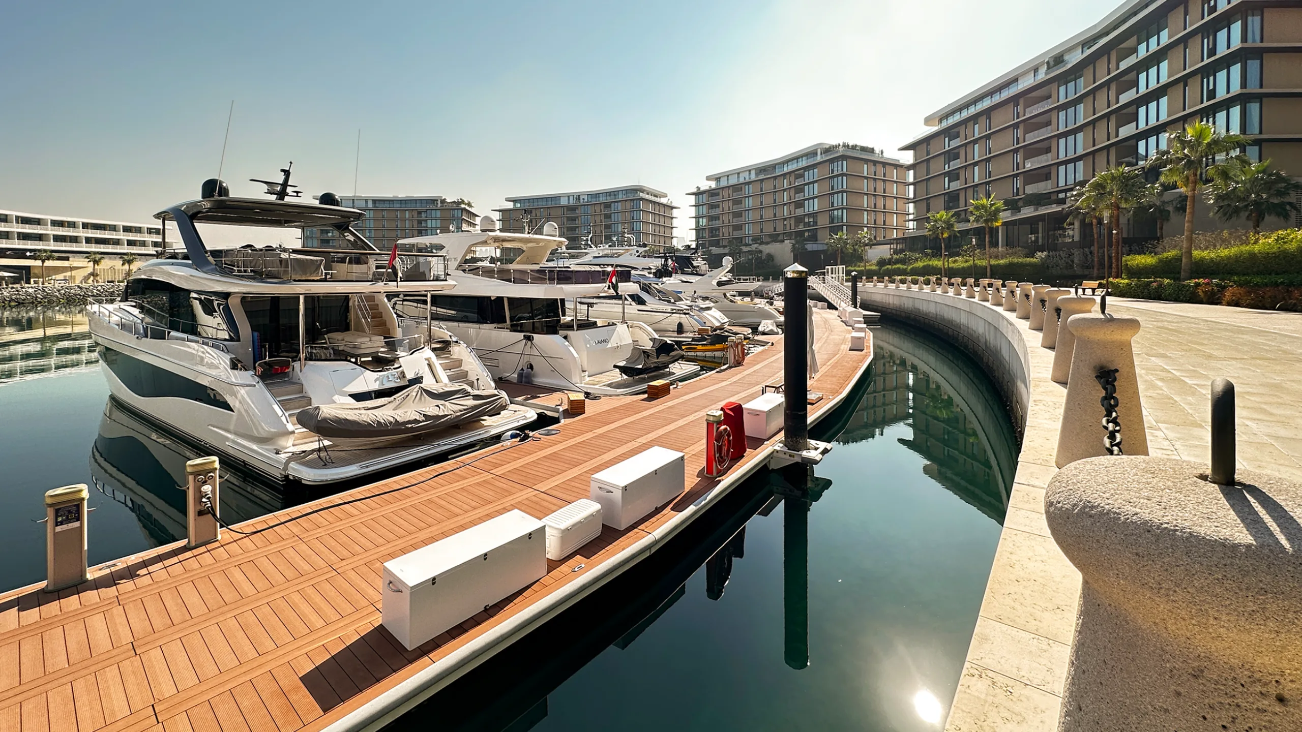 Boats moored at Jumeirah Bay Island in Dubai