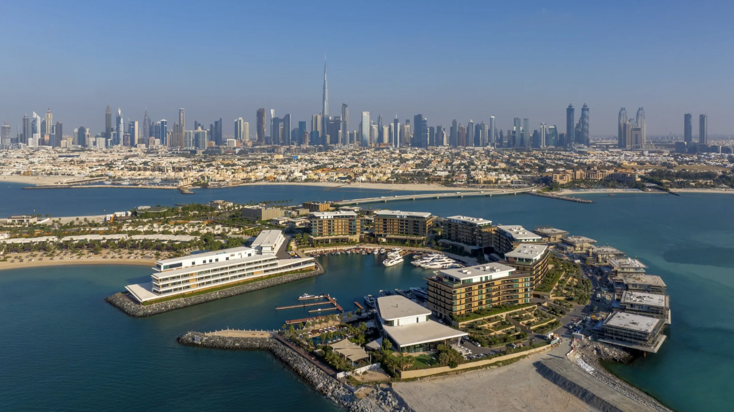 View of Jumeirah Bay Island with Dubai skyline in the background